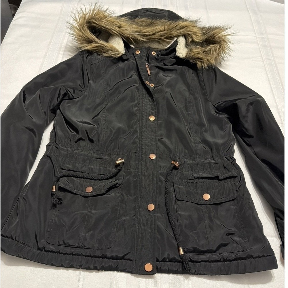 Ashley by 26 International Black Utility Parka Sherpa Hood Faux Fur Jacket M